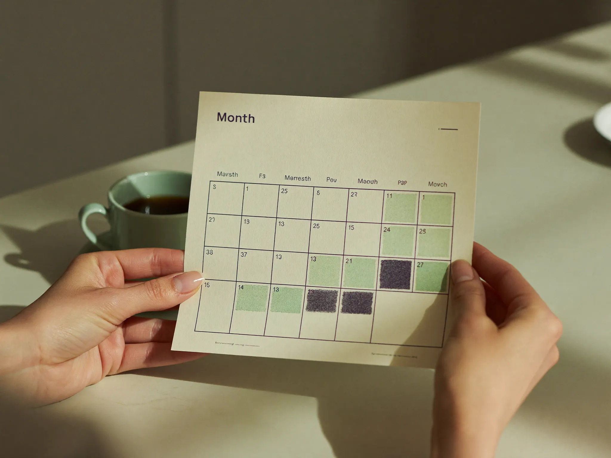A woman's hands holding her printed Month Map at the kitchen table