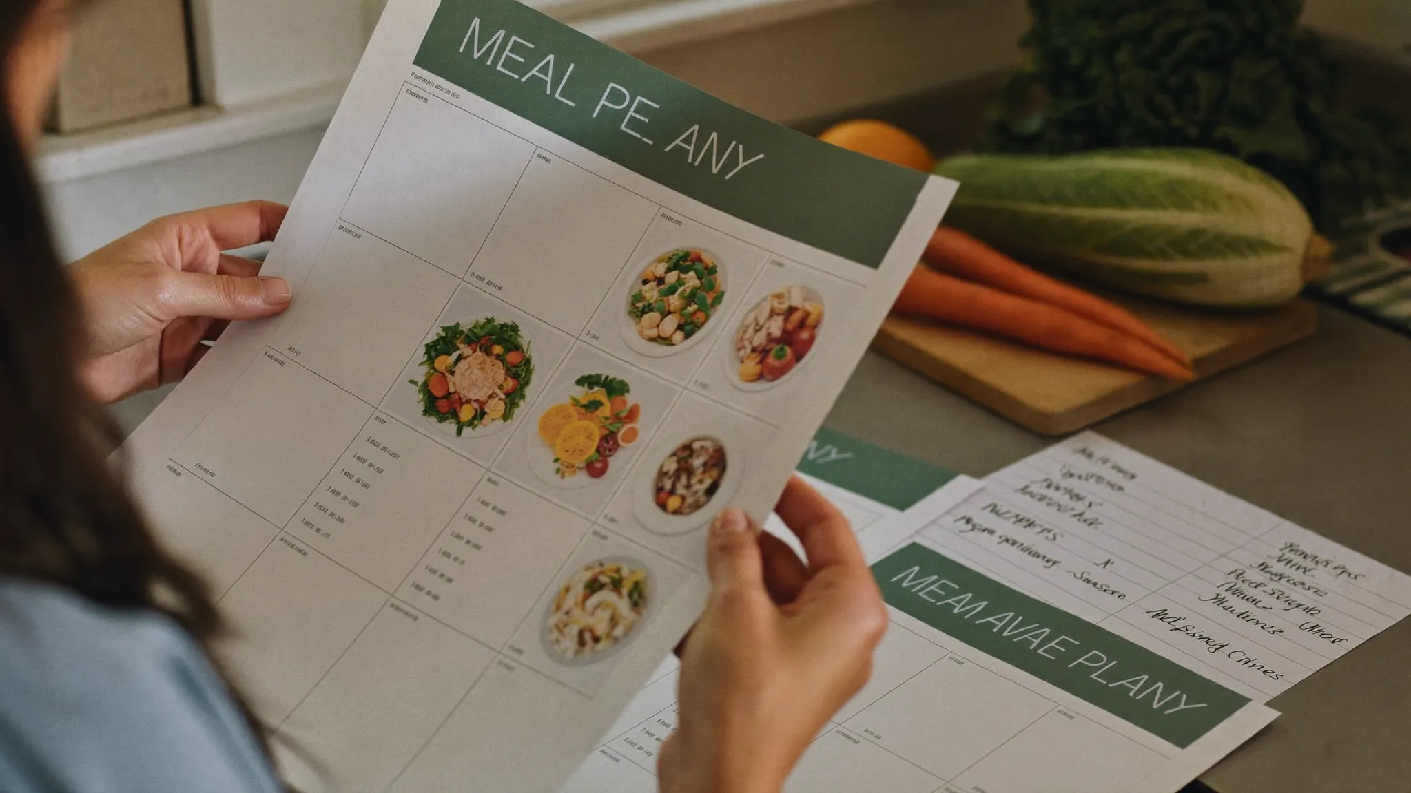 Hands flipping through the four printed weekly meal plans on a kitchen worktop