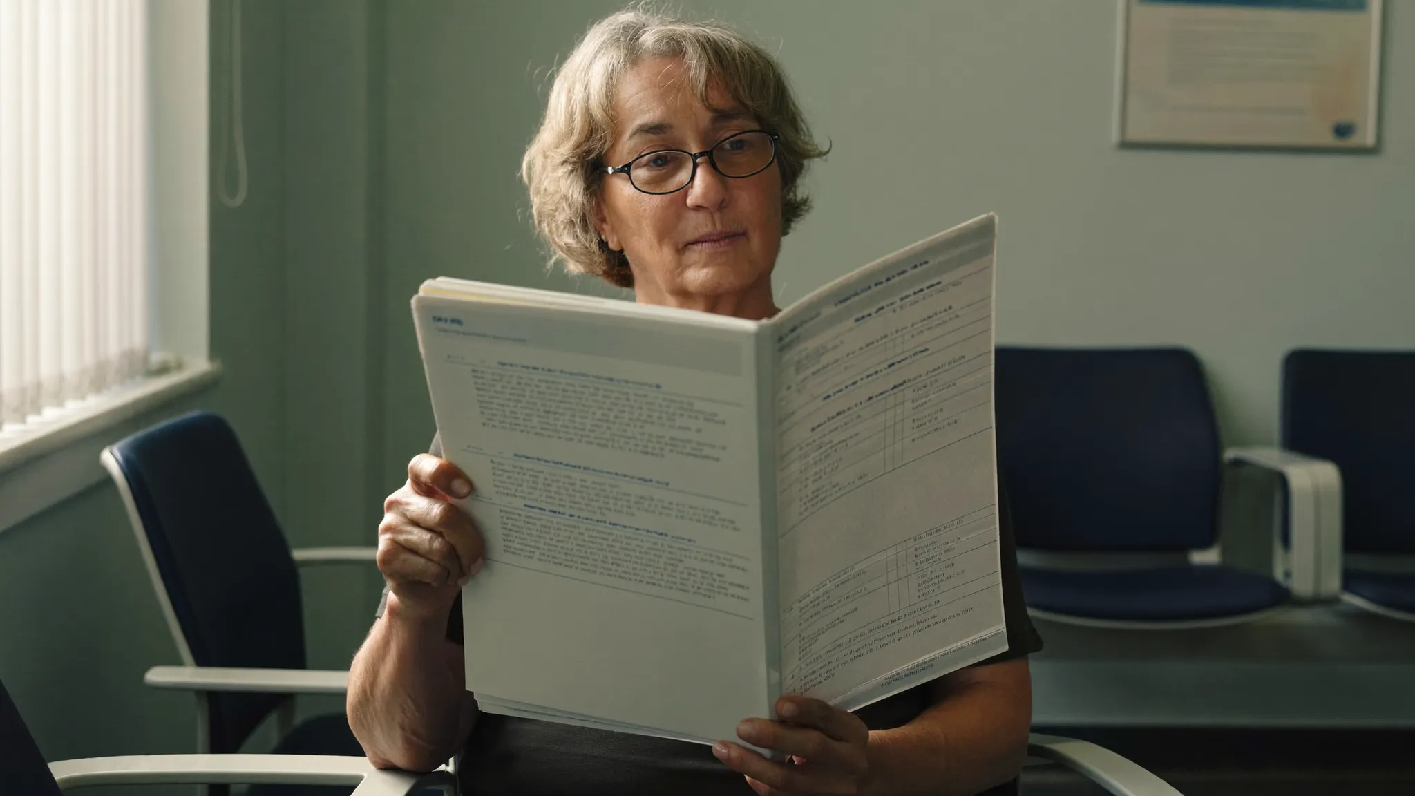 A woman in a doctors waiting room, holding a printed folder of notes on her lap